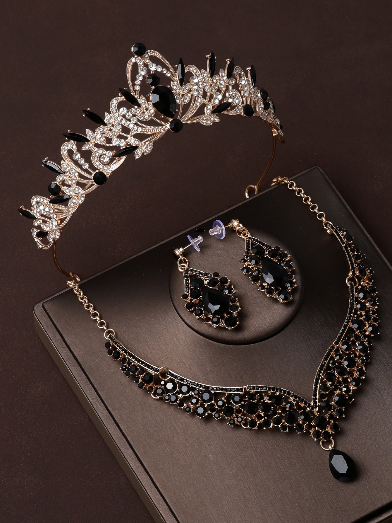 4pcs/Set Women's Black Crown Shaped Necklace & Earrings Party Accessory Set Tiaras