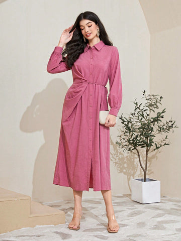 Cotton Solid Button Front Shirt Dress