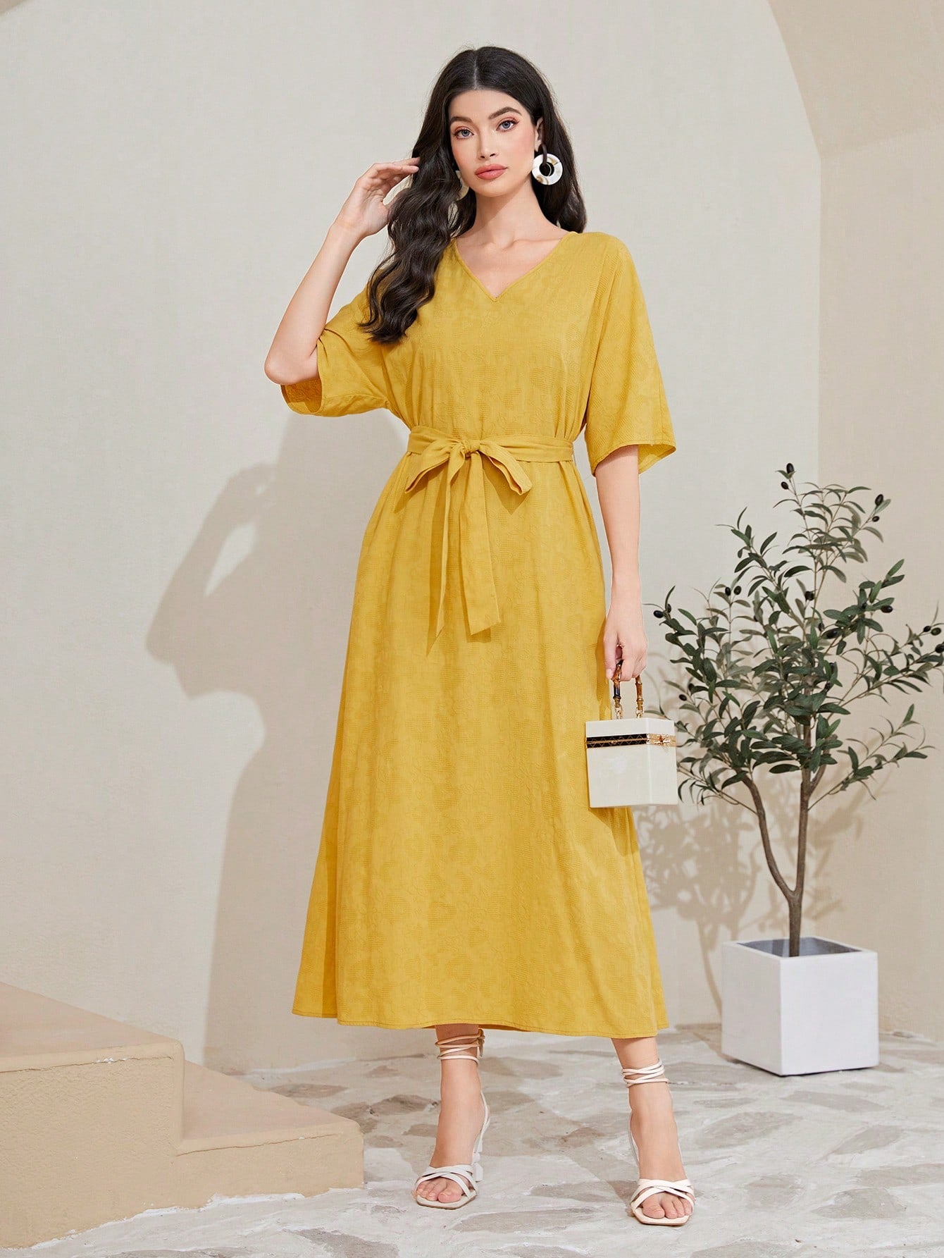 Cotton Solid Belted A-line Dress