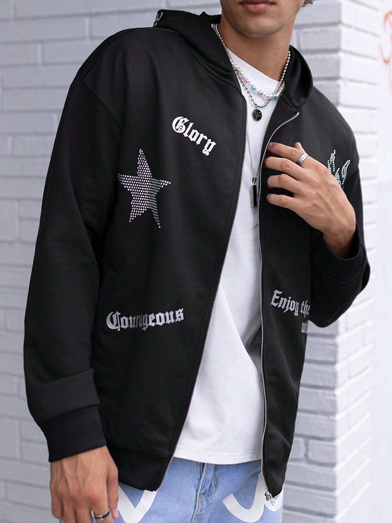 Loose Fit Men's Star & Letter Graphic Zip Up Hoodie