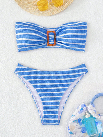 Summer Beach Striped Buckle Detail Bandeau Bikini Set