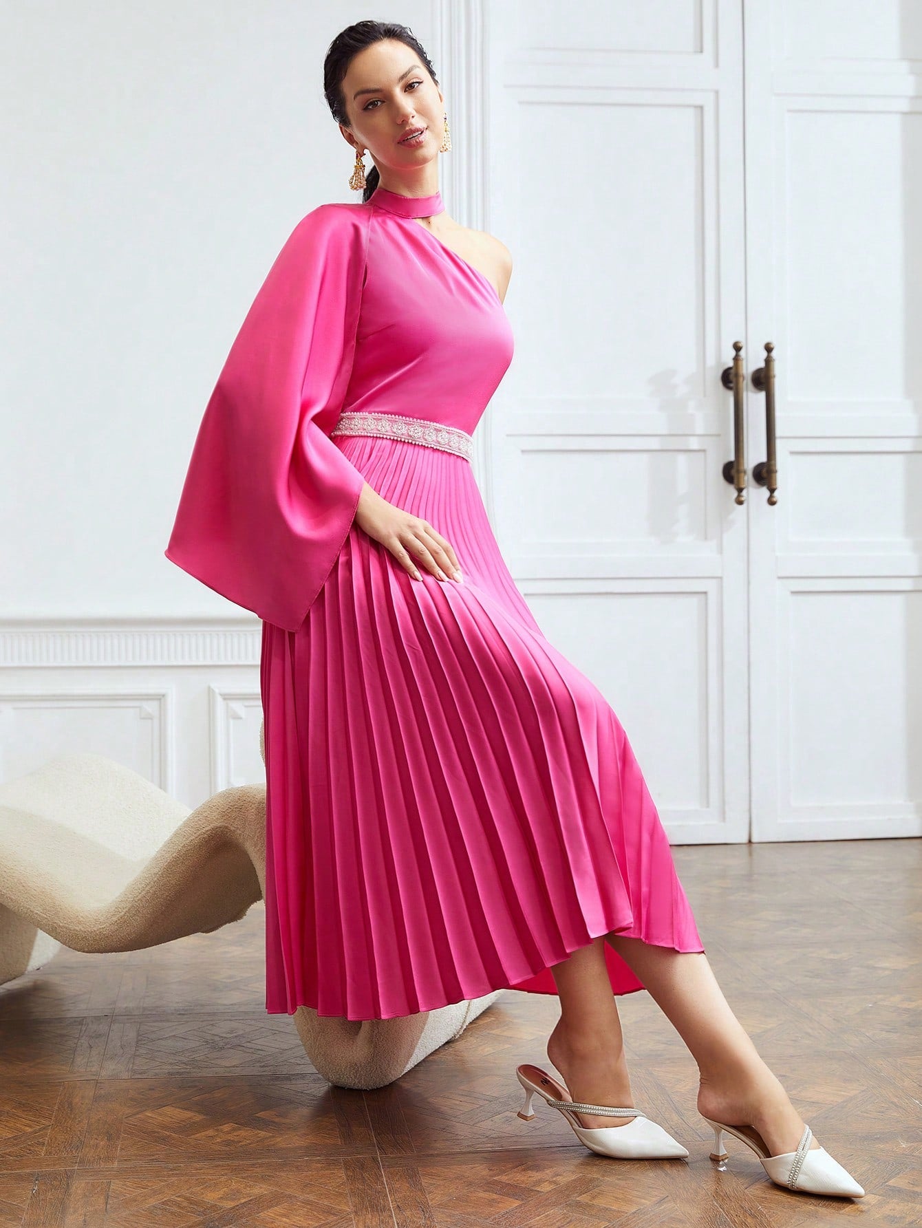 CAPE-SLEEVE PLEATED MIDI DRESS