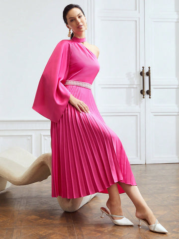 CAPE-SLEEVE PLEATED MIDI DRESS