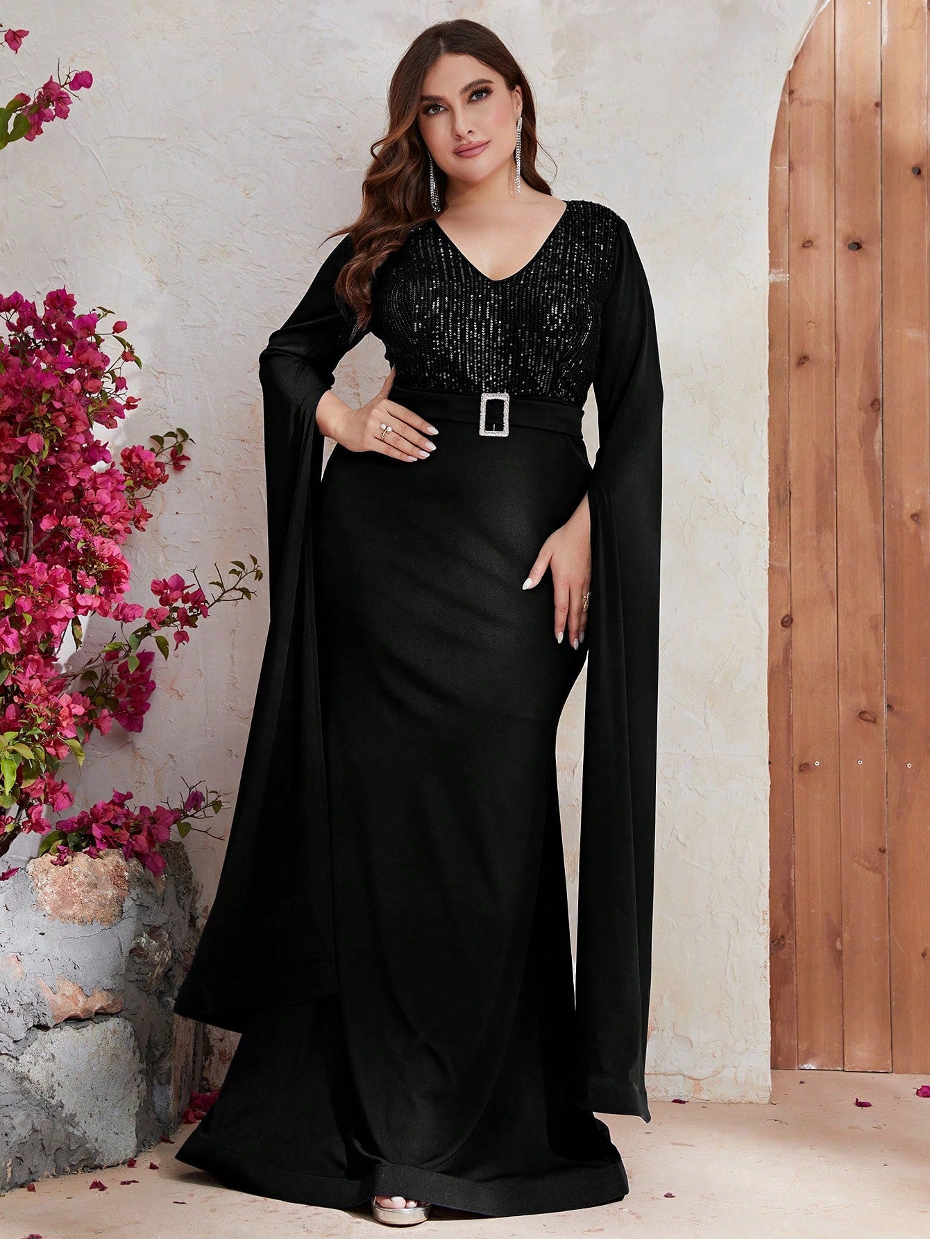 Plus Contrast Sequin Cloak Sleeve Belted Dress