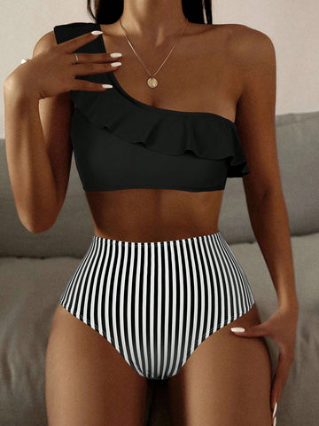 Summer Beach Striped Ruffle Trim One Shoulder Bikini Set