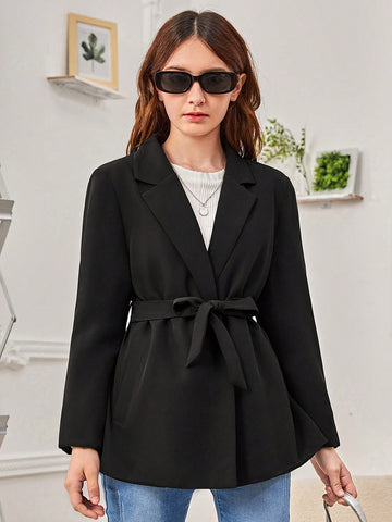 Teen Girl Lapel Neck Belted Coat