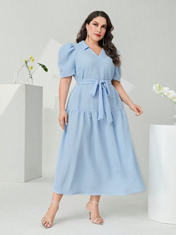 Plus Puff Sleeve Belted Dress