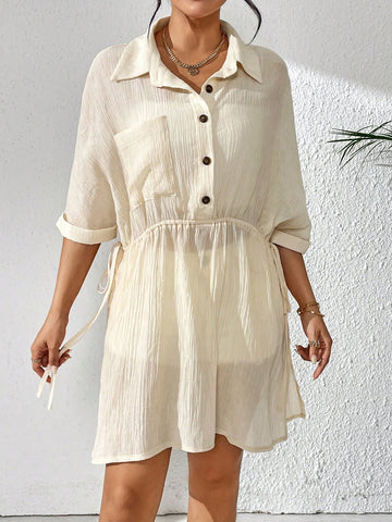 Batwing Sleeve Drawstring Waist Shirt Dress