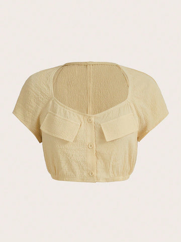 Flap Detail Button Front Crop Blouse