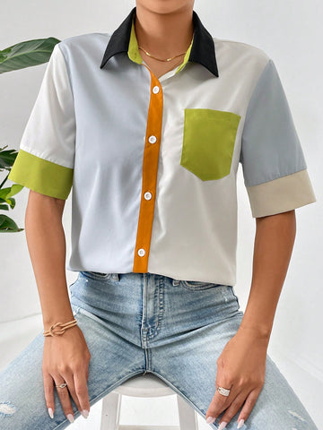 Colorblock Patched Pocket Shirt