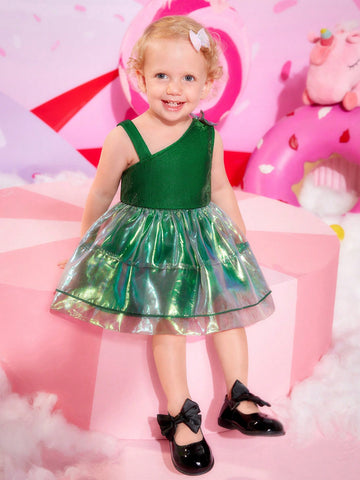 Baby Bow Detail Asymmetrical Neck Party Dress