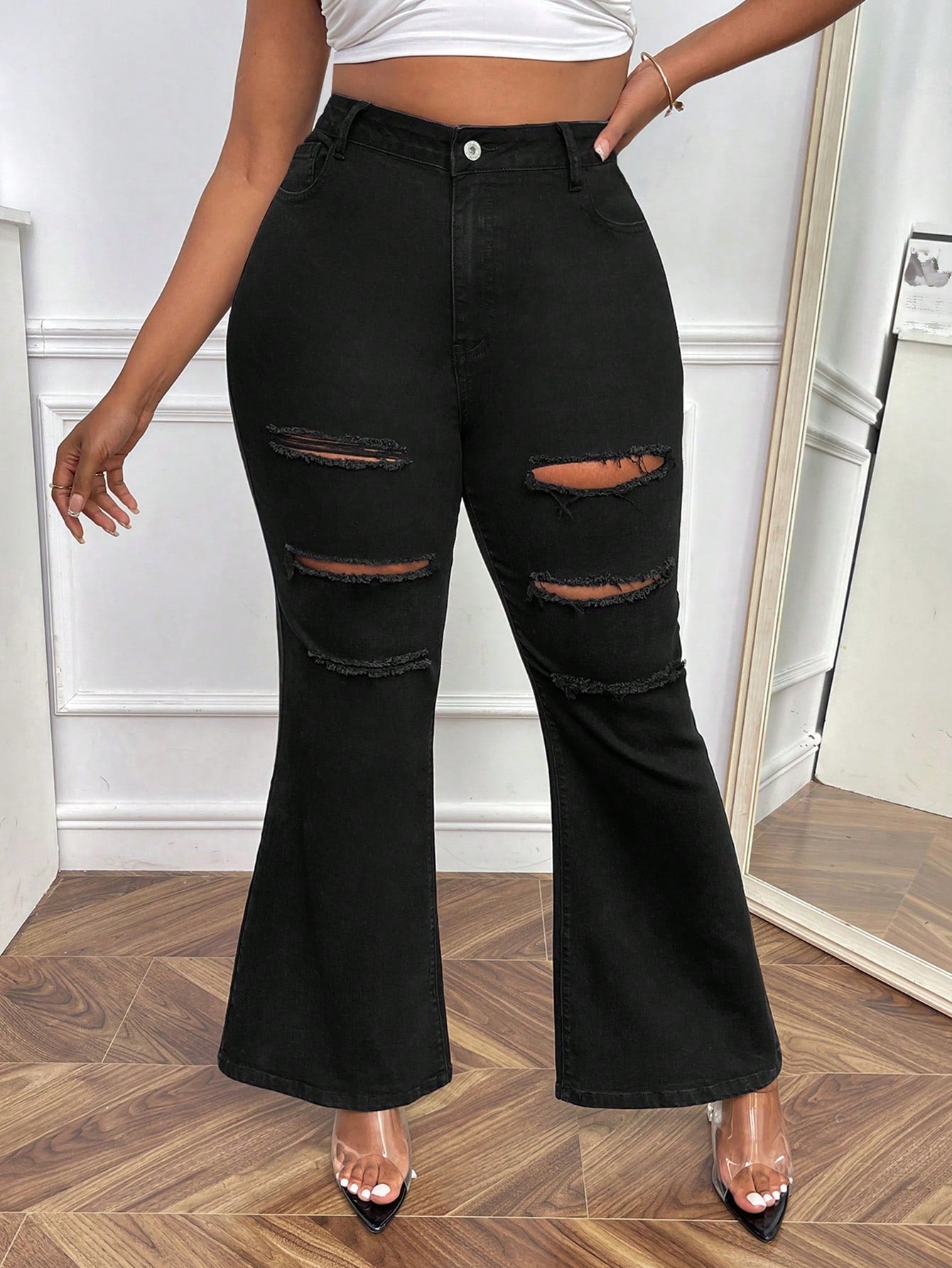 Plus High Waist Ripped Flare Leg Jeans