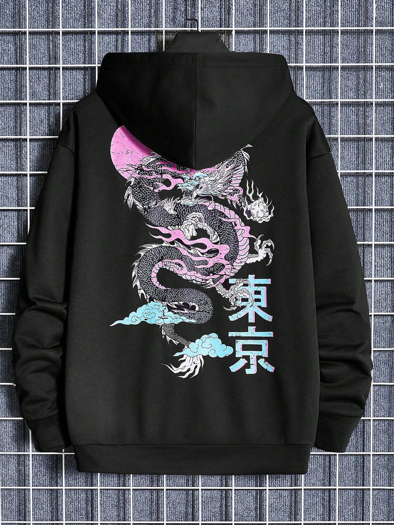 Loose Fit Men's Hoodie With Japanese Letters And Dragon Graphic With Drop Shoulder Design