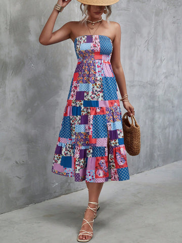 Patchwork Print Split Thigh Ruffle Hem Tube Dress