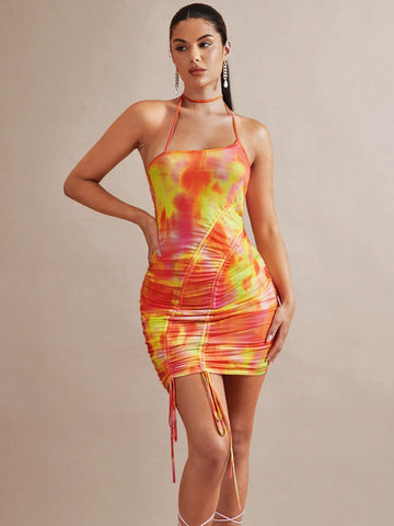 Tie Dye Drawstring Side Halter Neck Backless Ruched Bodycon Dress