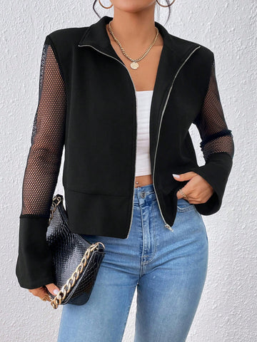 Contrast Fishnet Insert Zip Up Jacket