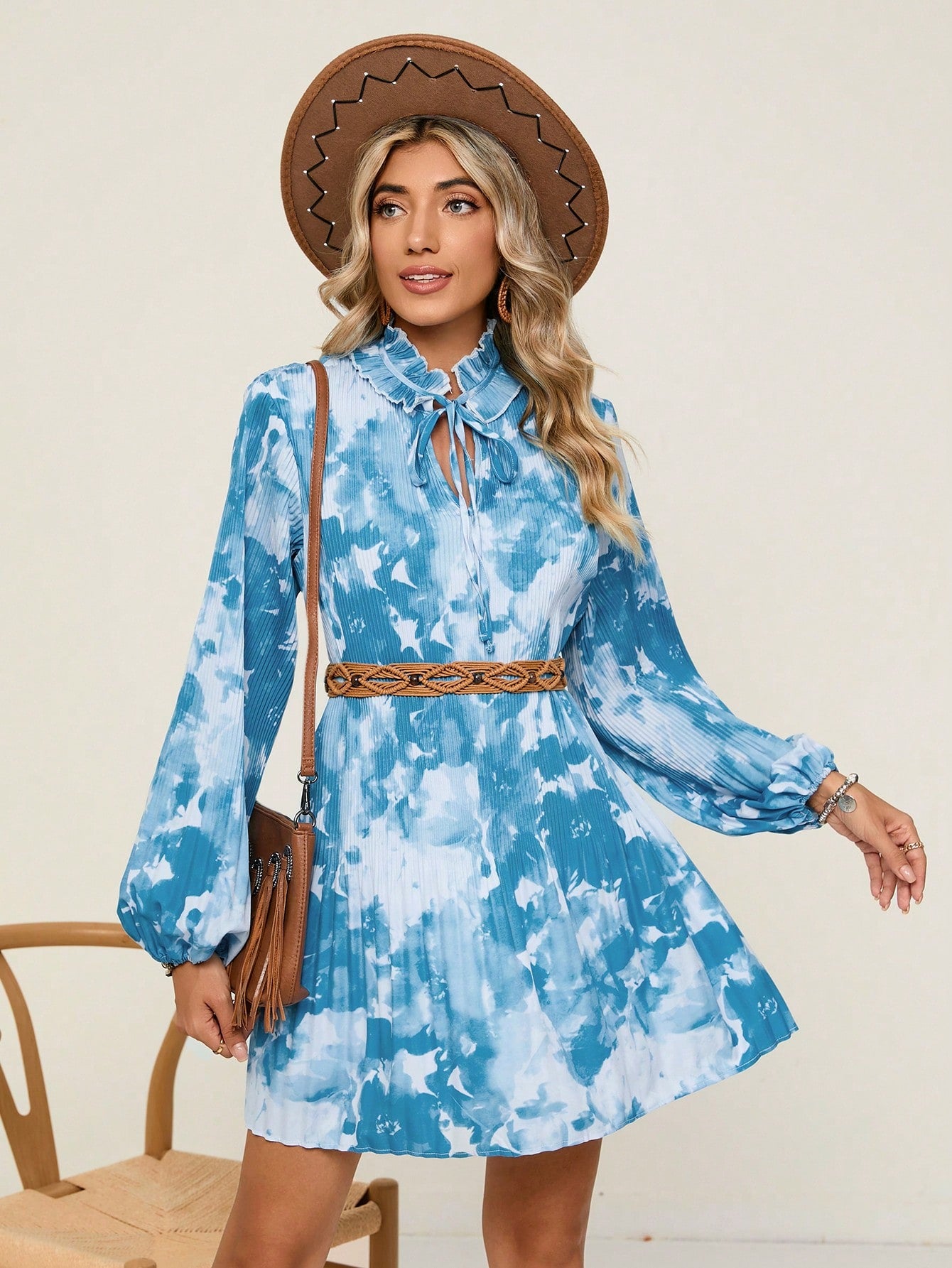 Tie Dye Tie Neck Lantern Sleeve Dress Without Belt