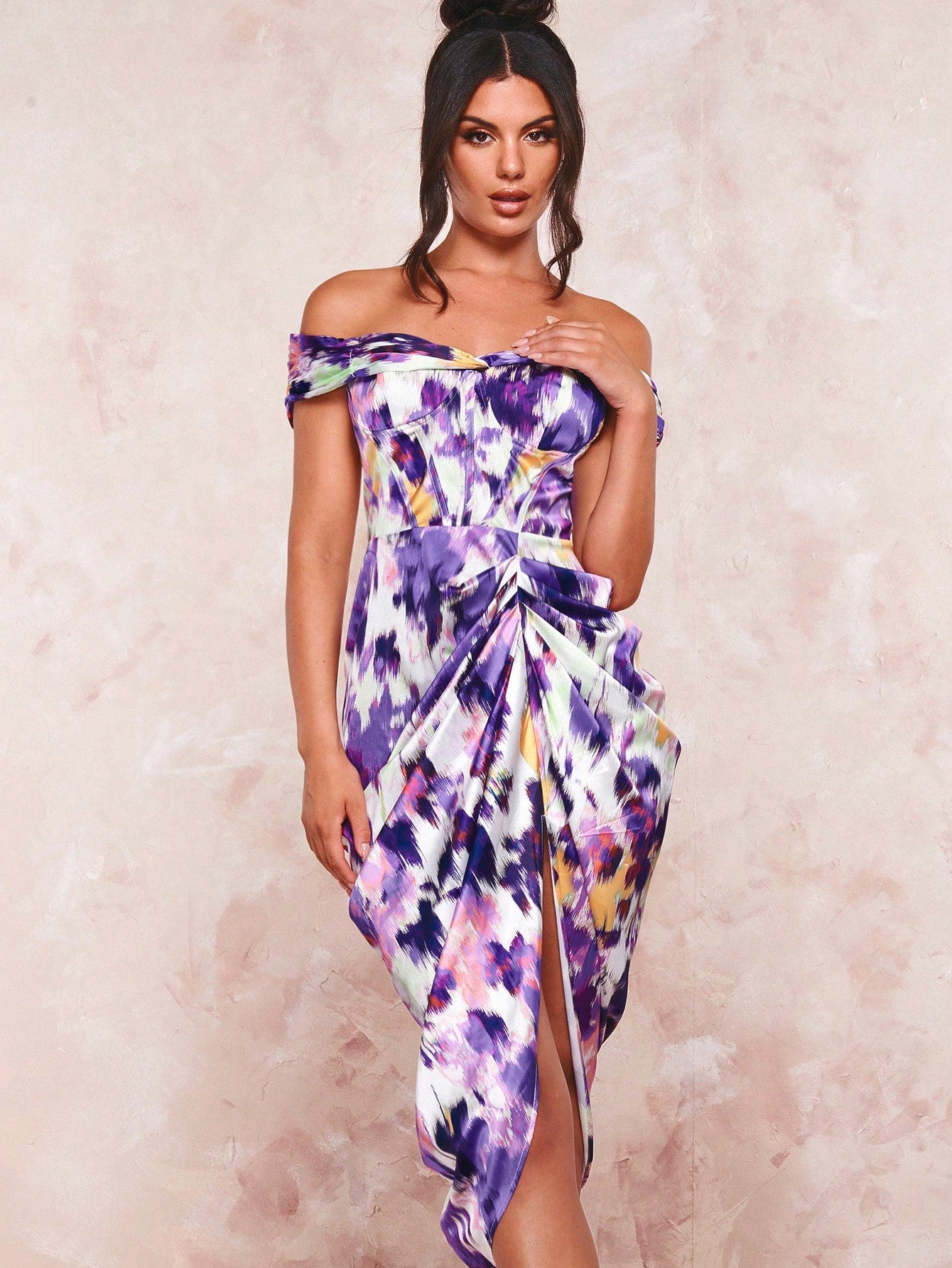 Tie Dye Off Shoulder Ruched Split Thigh Dress