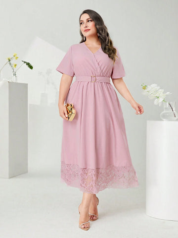 Plus Contrast Lace Hem Belted Dress