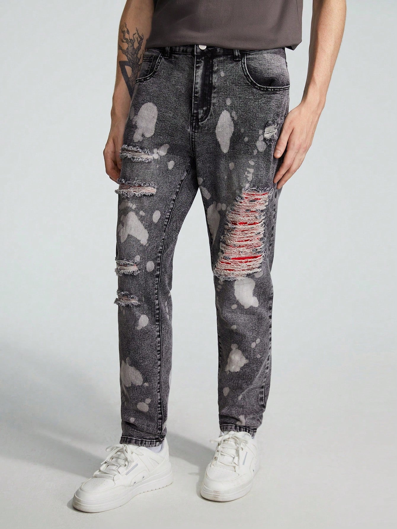 Guys Ripped Frayed Splash Ink Print Jeans