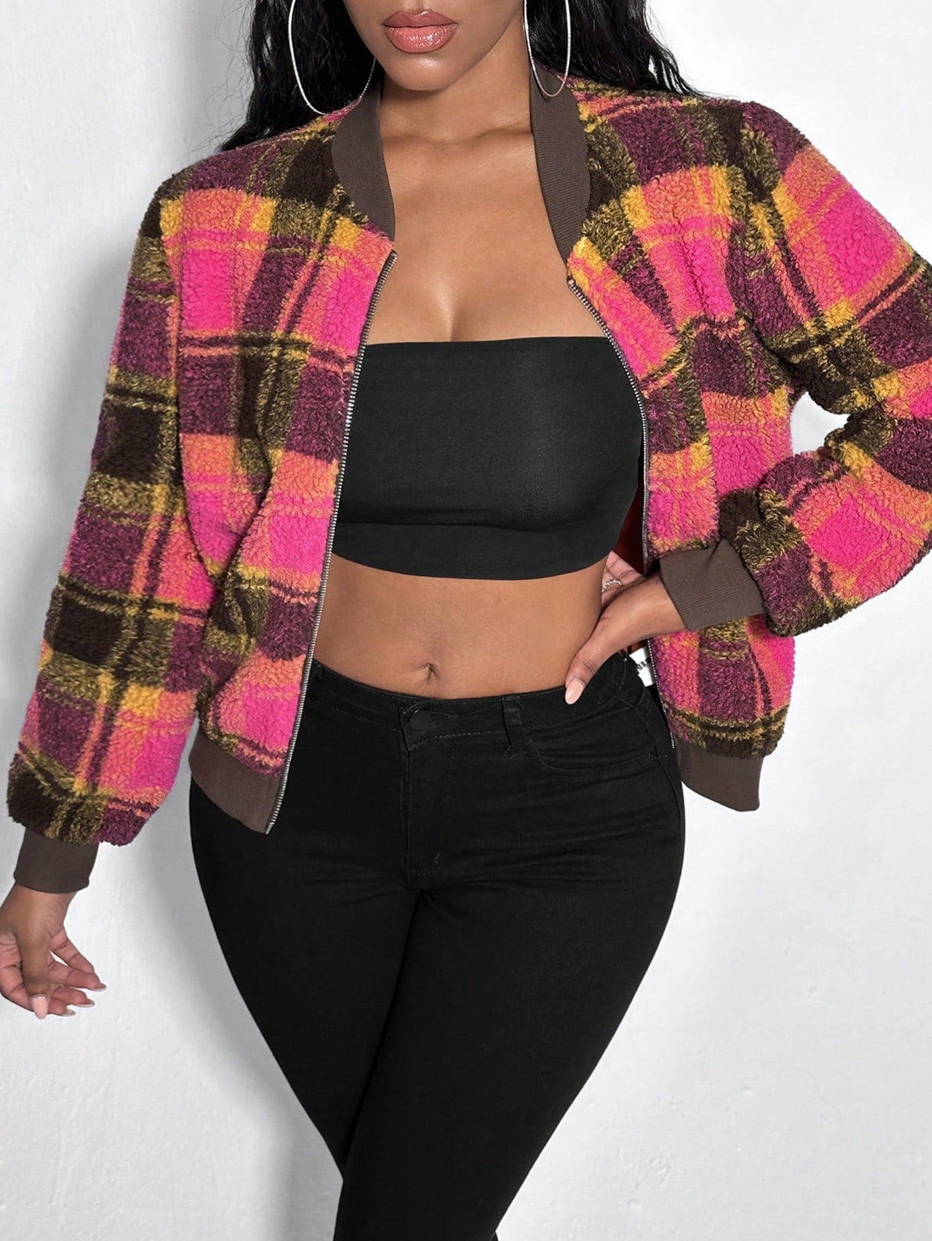 Plaid Print Zip Up Bomber Jacket