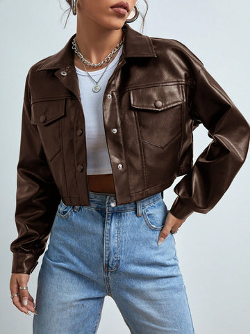 Flap Pocket Drop Shoulder PU Leather Jacket