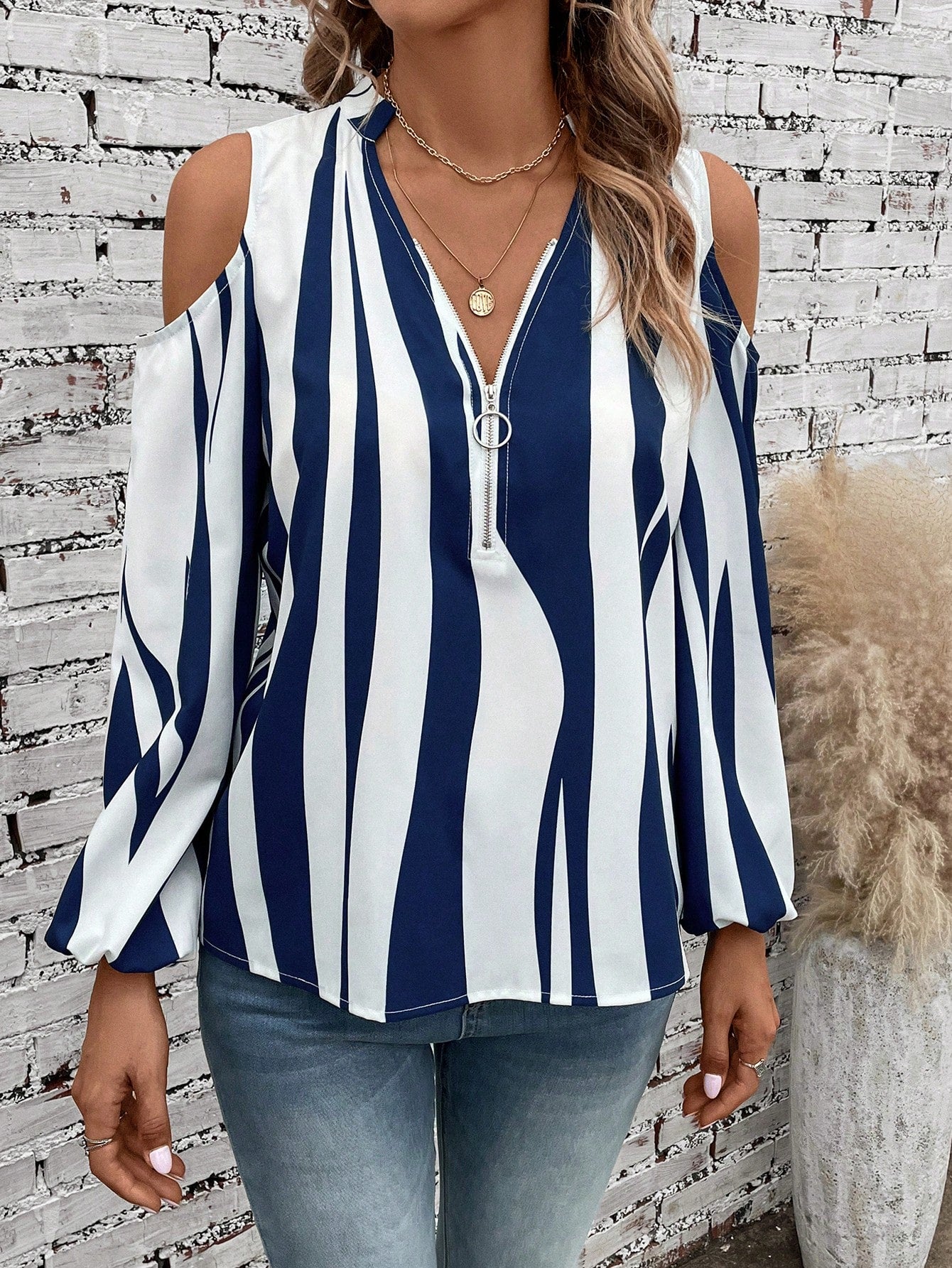 Striped Print Cold Shoulder Half Zip Blouse