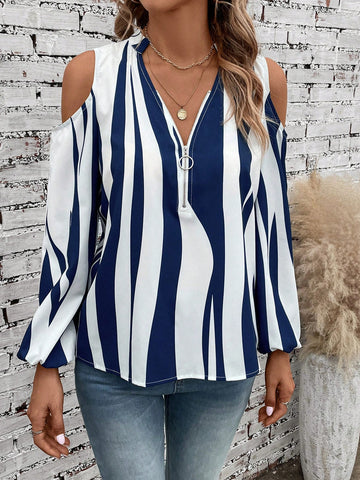 Striped Print Cold Shoulder Half Zip Blouse