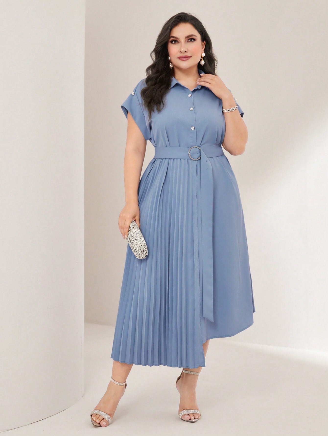 Plus Batwing Sleeve Pleated Panel Belted Shirt Dress