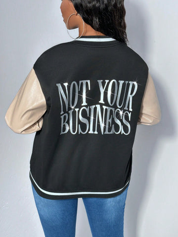 Slogan Graphic Striped Trim Drop Shoulder Two Tone Varsity Jacket