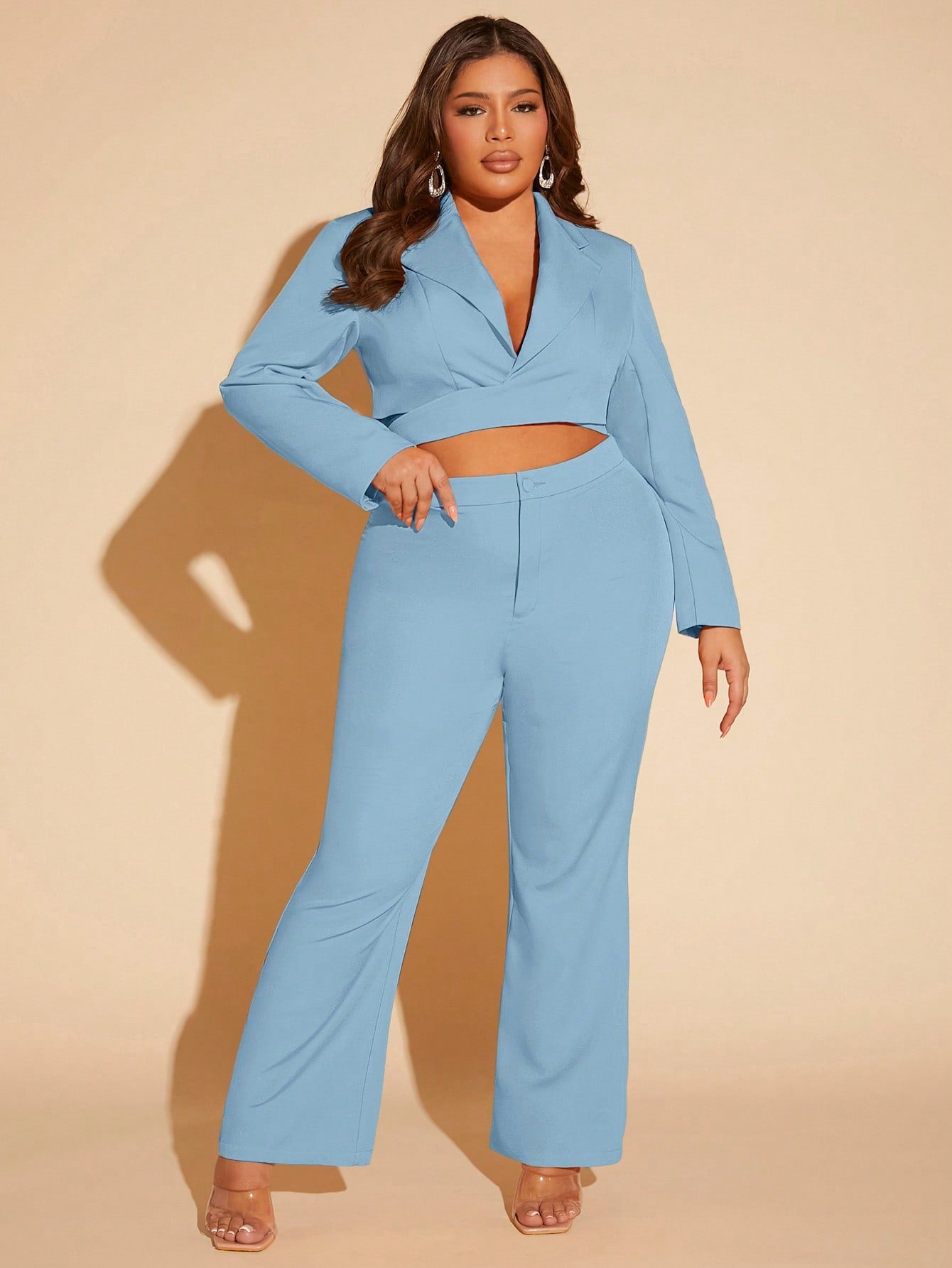 Plus Lapel Neck Crop Blazer & Flare Leg Pants