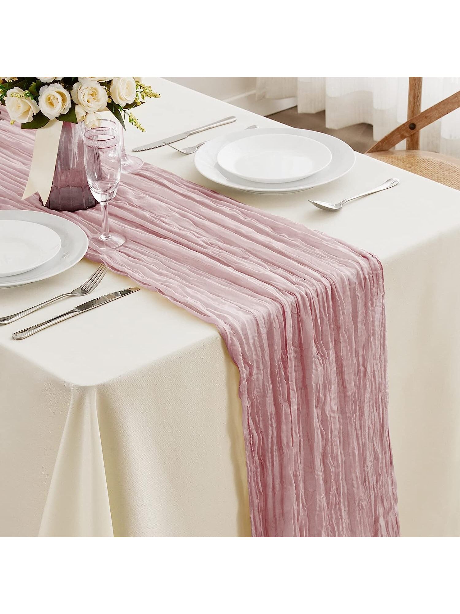 1pc Crinkle Table Runner, Bohemian Countryside Wedding Table Decoration, Bridal Shower Or Holiday Party Decor