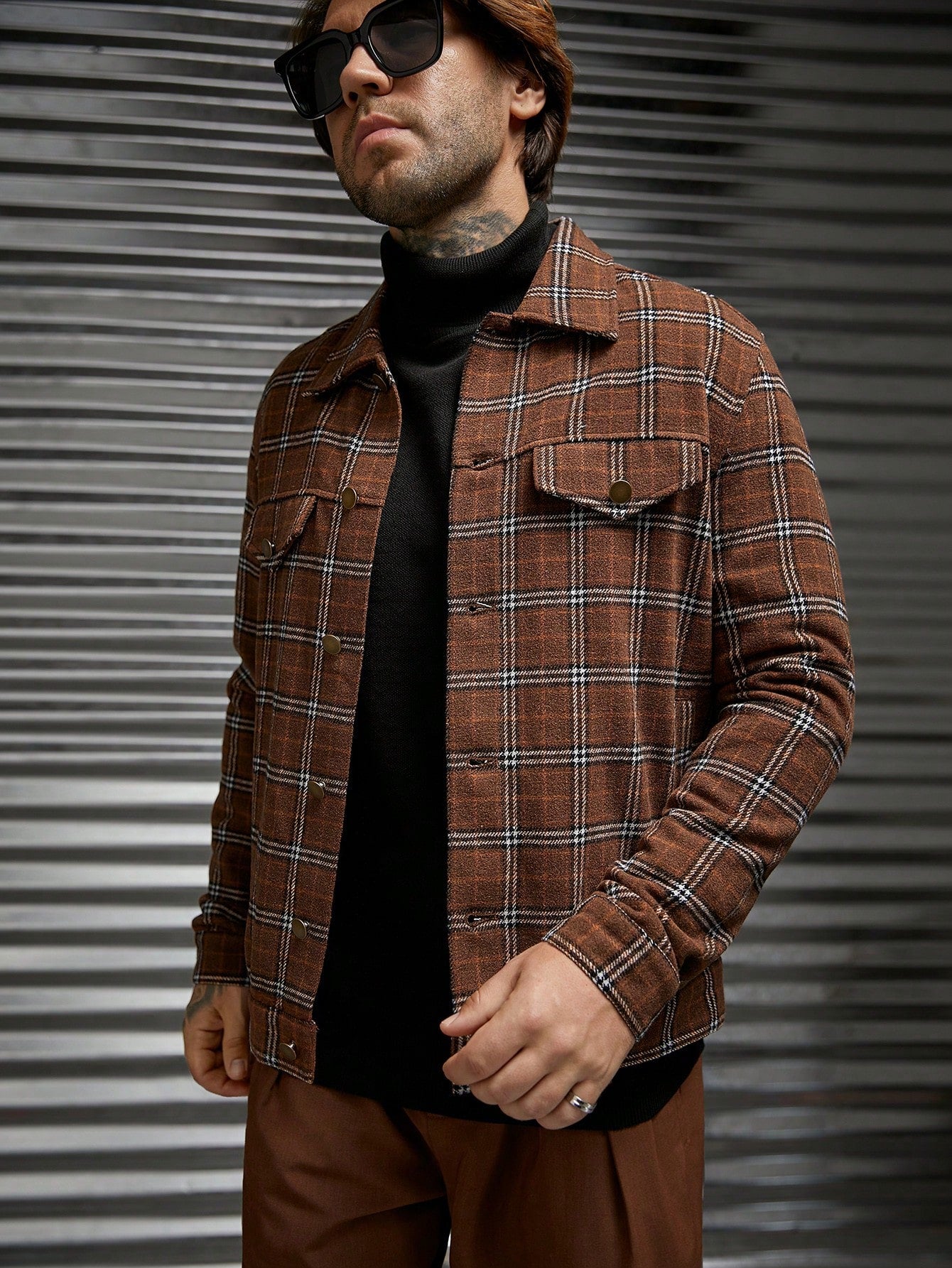 Men Plaid Print Flap Detail Overcoat