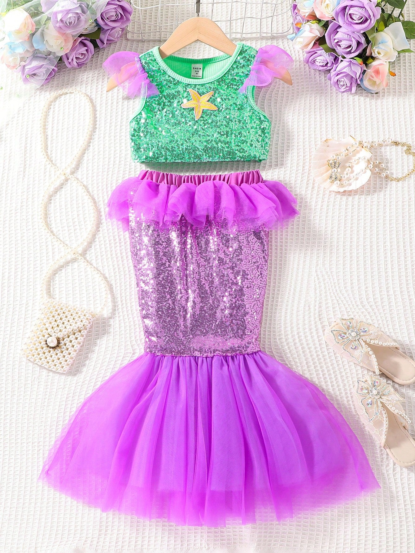 Young Girl Sequin Decor Ruffle Trim Mesh Hem Party Tank Top & Skirt