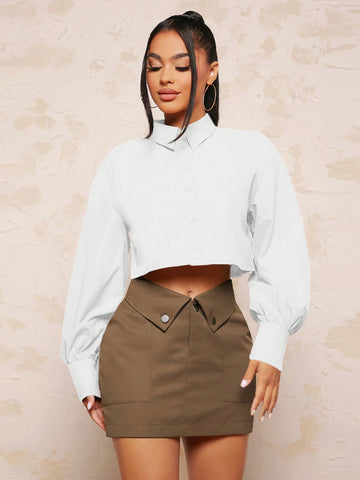 Solid Button Front Crop Shirt