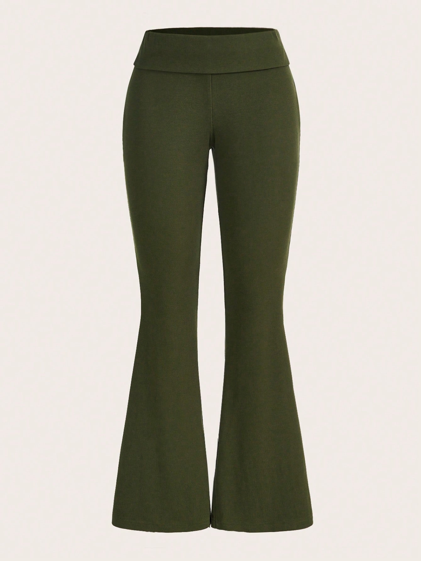 Women'S  Solid Flare Leg Pants With Low Waist Fold-Over Waistband