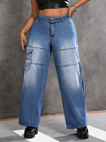 Plus Flap Pocket Side Belted Cargo Jeans