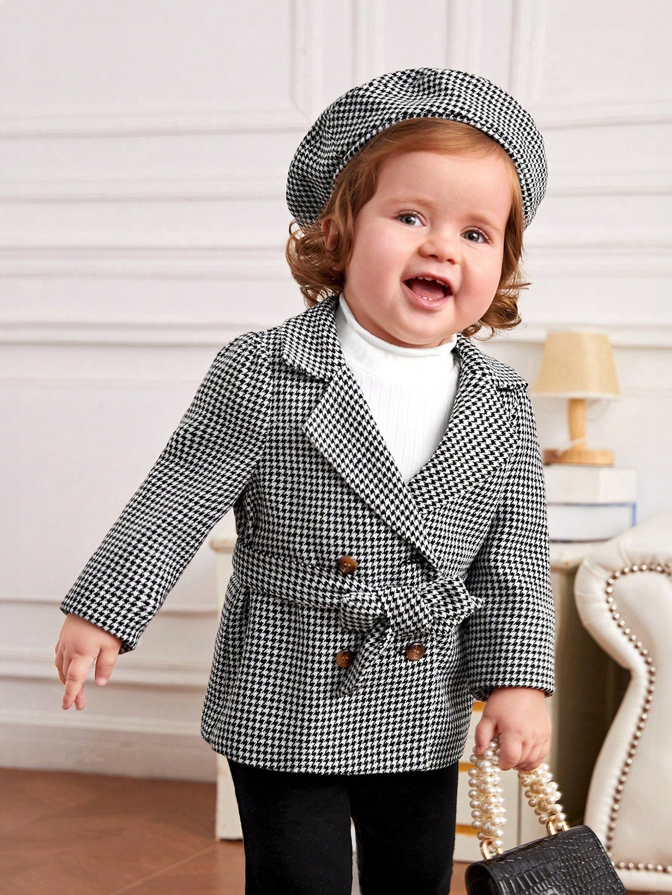 Baby Girl Houndstooth Print Double Breasted Belted Coat & Hat