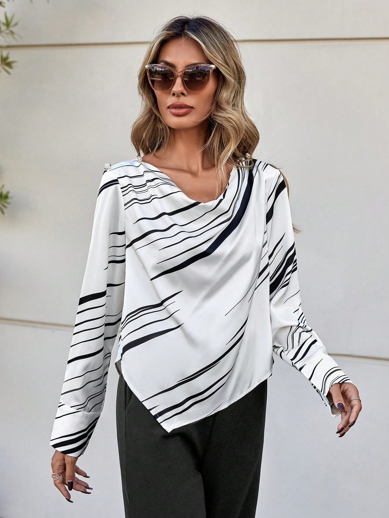 Striped Print Draped Collar Asymmetrical Hem Blouse