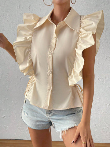 Knot Side Ruffle Trim Button Front Shirt