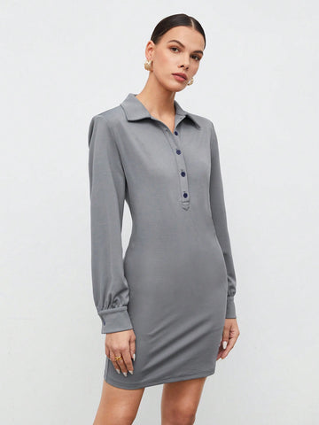 Solid Button Front Dress Without Belt