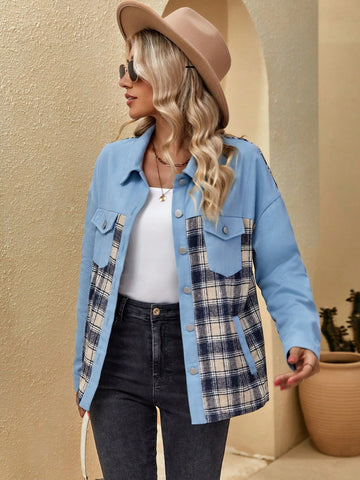 Plaid Print Drop Shoulder Flap Pocket Jacket