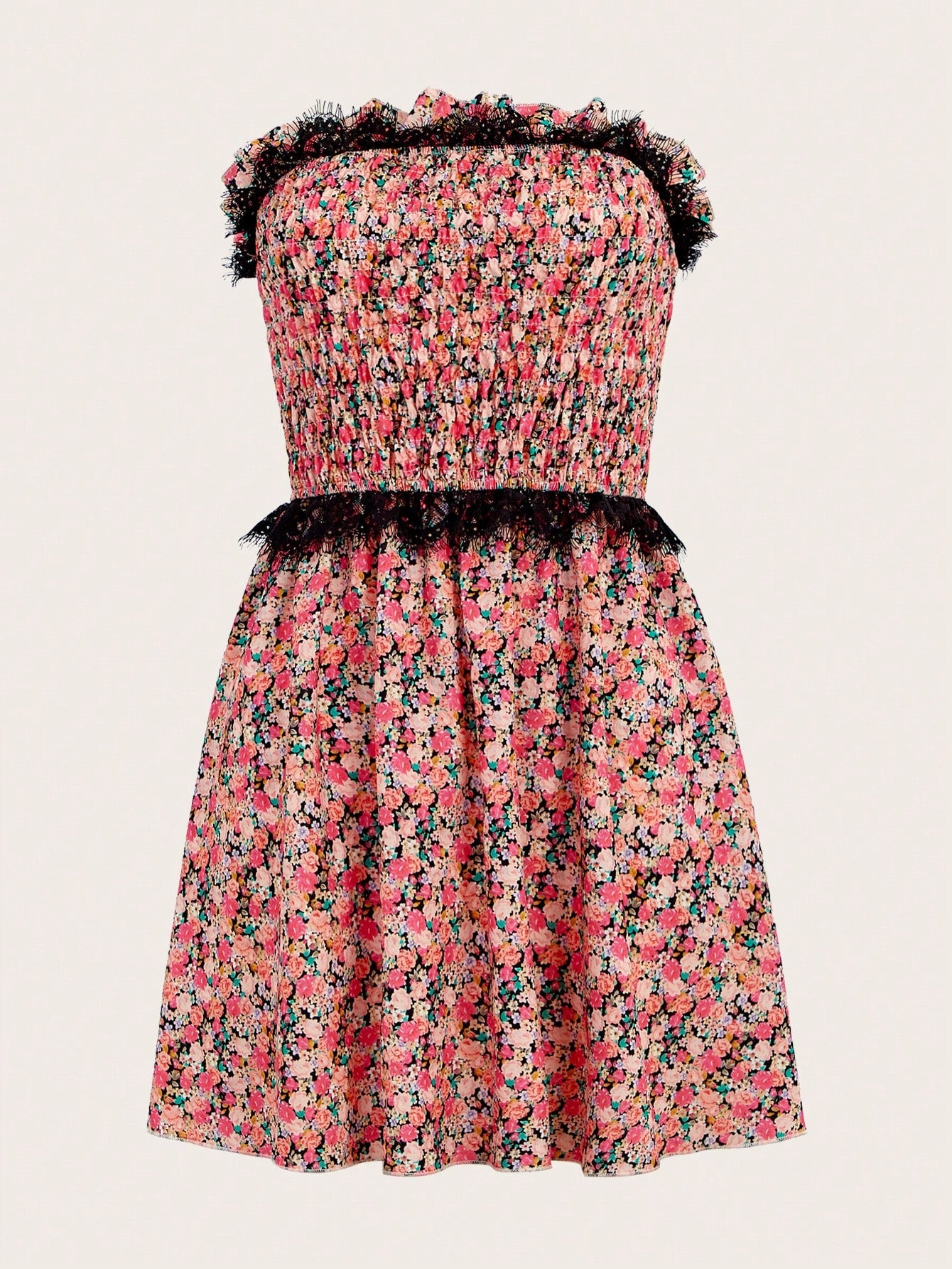 Ditsy Floral Print Contrast Lace Tube Dress