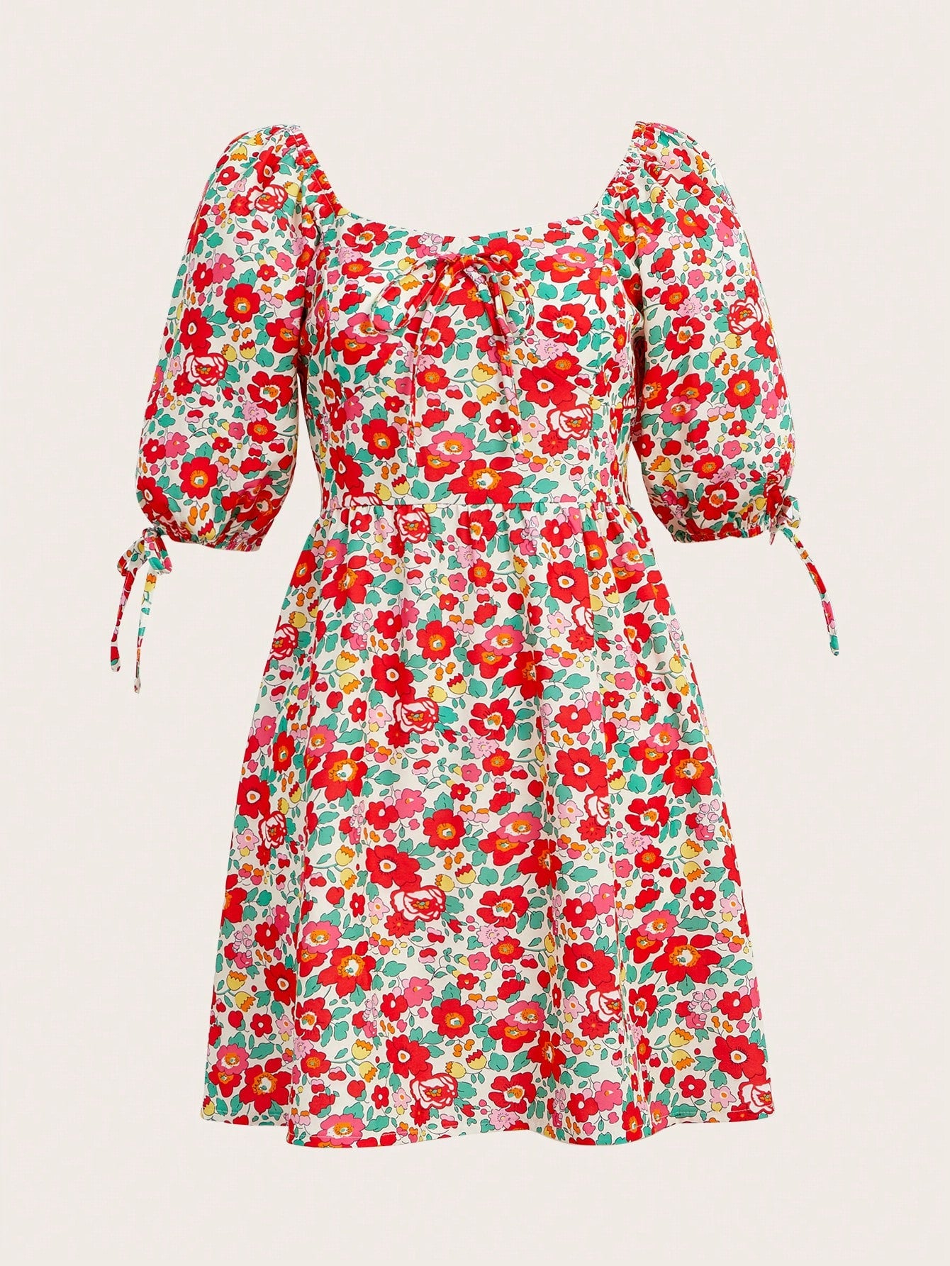 Floral Print Knot Cuff Puff Sleeve Dress