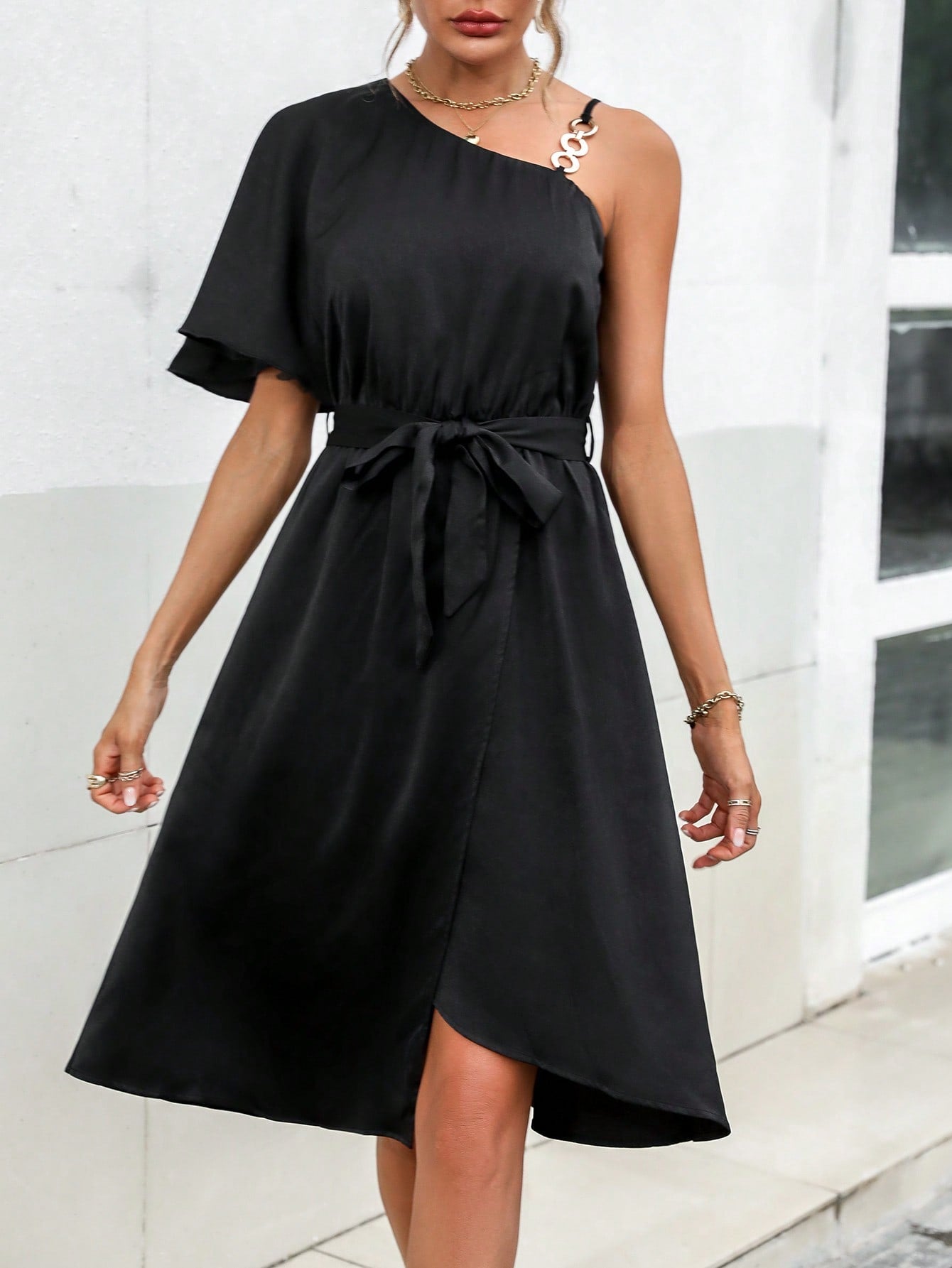 Chain Detail Asymmetrical Neck Wrap Hem Belted Dress