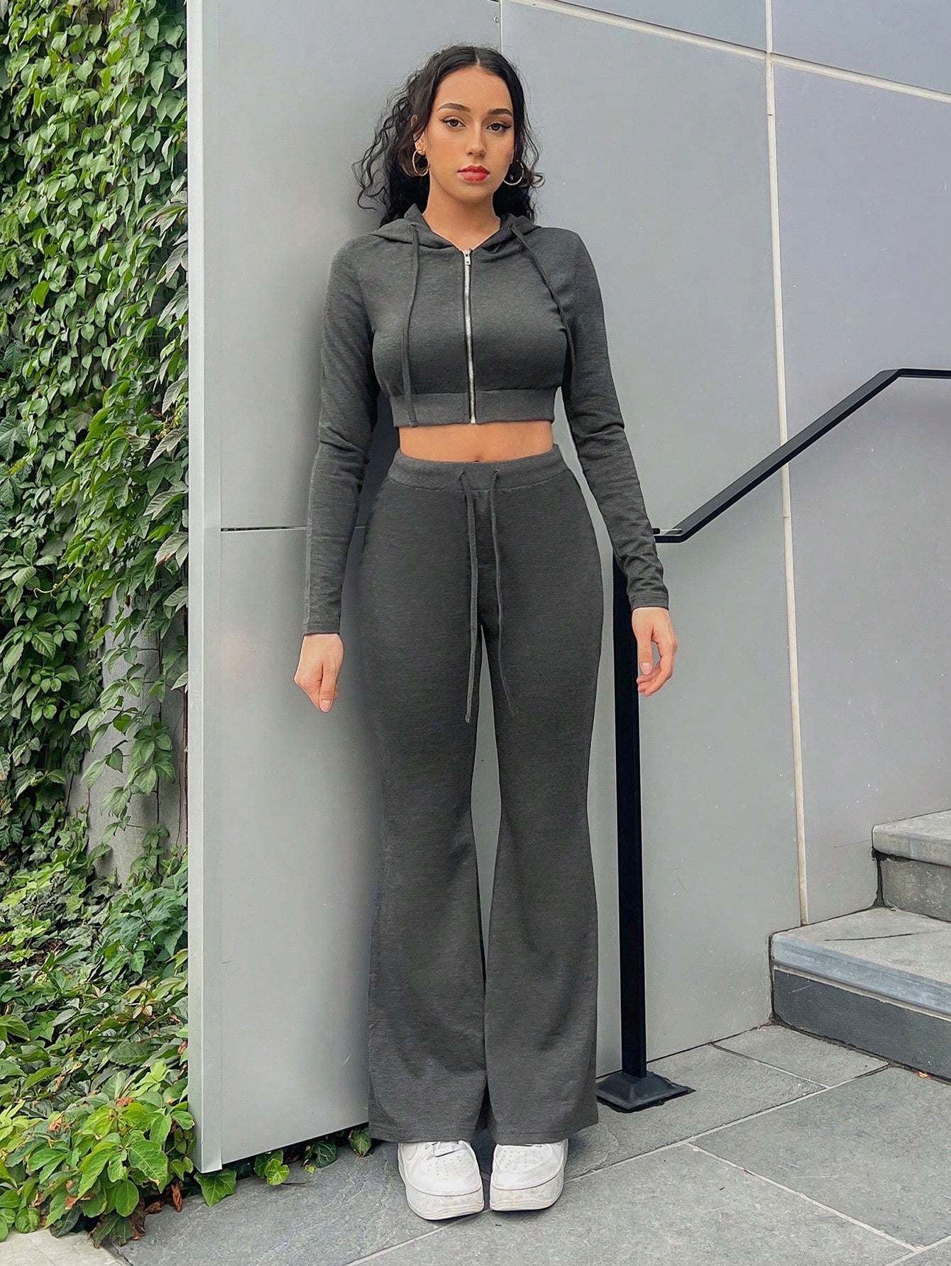 Zip Up Crop Sweatshirt & Drawstring Waist Flare Leg Sweatpants