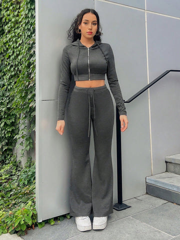 Zip Up Crop Sweatshirt & Drawstring Waist Flare Leg Sweatpants