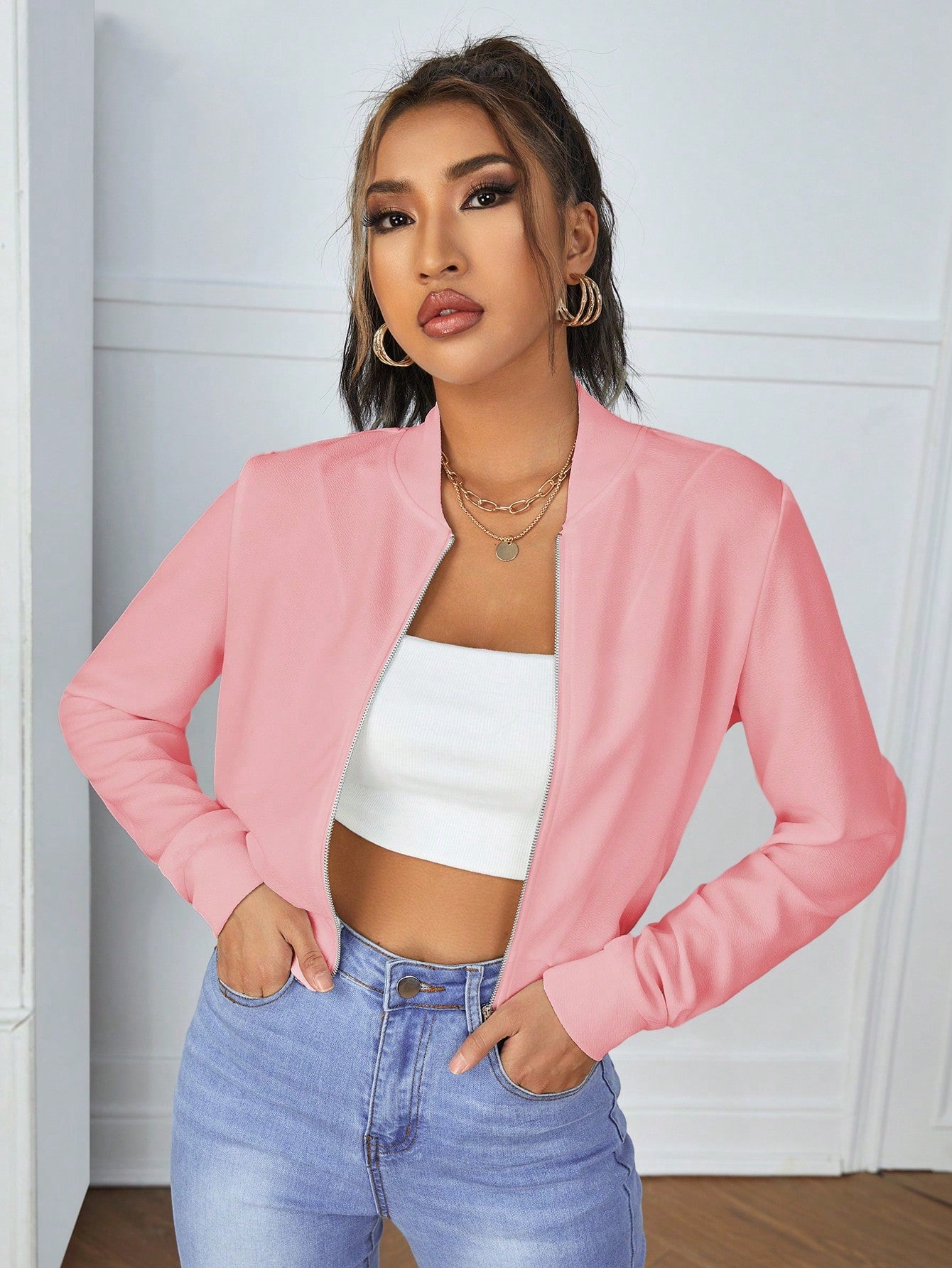 1pc Solid Zip Up Crop Bomber Jacket