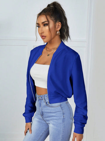 1pc Solid Zip Up Crop Bomber Jacket