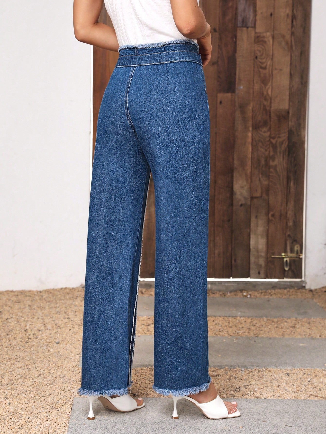 High Waist Raw Trim Wide Leg Jeans Without Belt